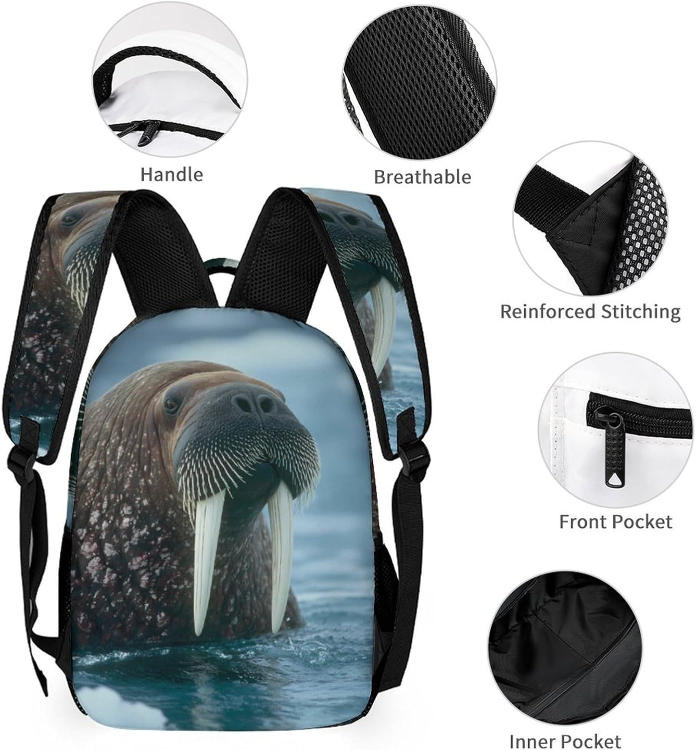 Walrus Animal Funny Backpack 3 Piece Set Daypack with Lunch Bag And Pencil Case for Outside Activities Travel image 3