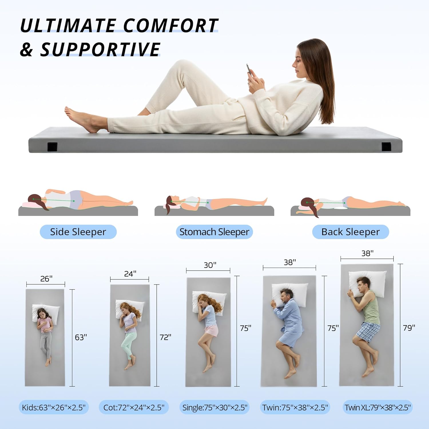 EGOHOME Memory Foam Camping Mattress 2.5 inch, Portable Roll Up Camping Sleep Topper with Waterproof and Non-Slip Bottom, Camping Car Mat with Travel Bag, Grey