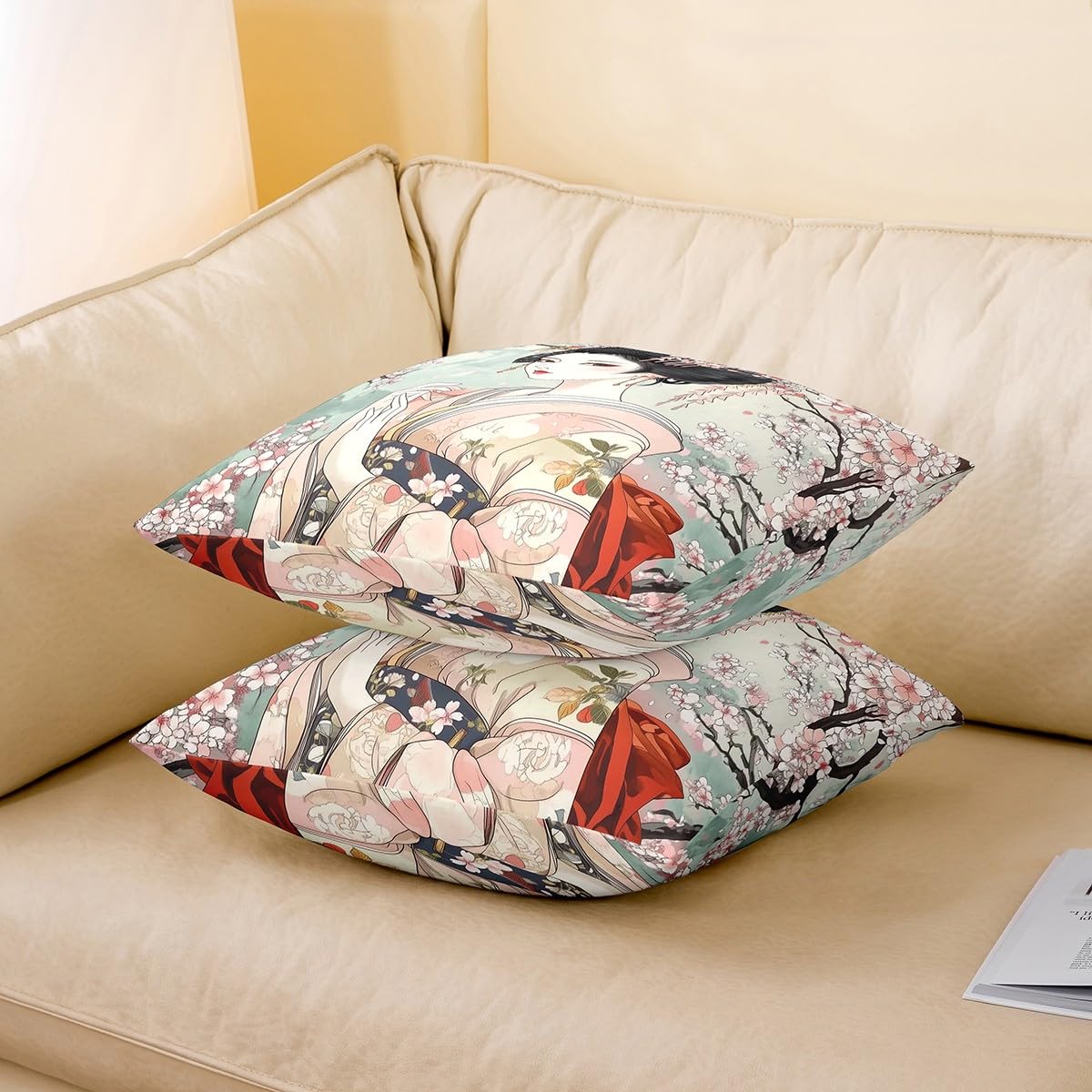 Homemissing Kids Japanese Geisha Girl Throw Pillow Covers 40x40cm 1Pcs Cherry Blossoms Decor Pillow Case Pillowcase Japanese Style Cushion Cover Japanese Tradition Aesthetic Outdoor Pillows Covers - Image 4