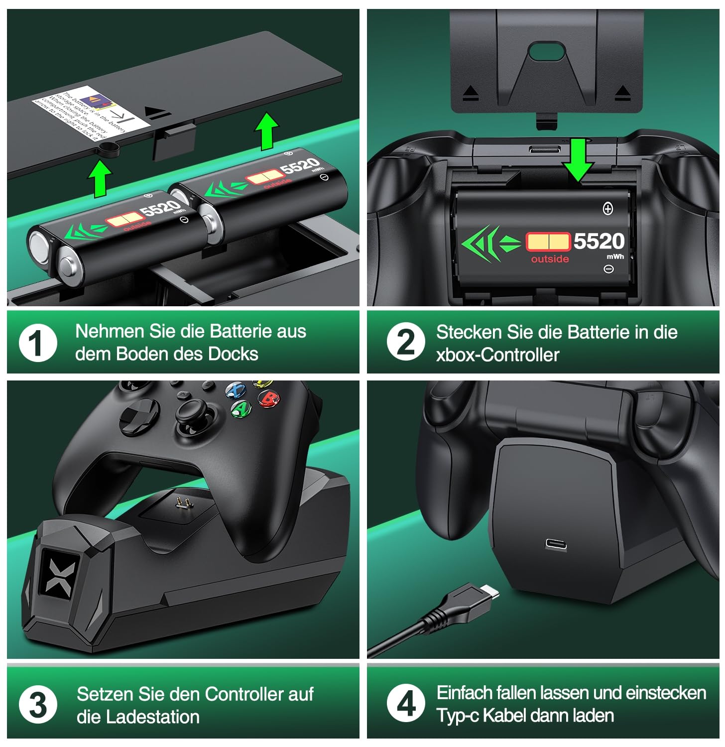 Elegamefy Stacja ładująca kontrolera z akumulatorem 2 x 5520 mWh do Xbox Series X|S, zestaw baterii do Xbox One/One S/X/Elite z 4 pokrywkami akumulatorowymi akcesoria