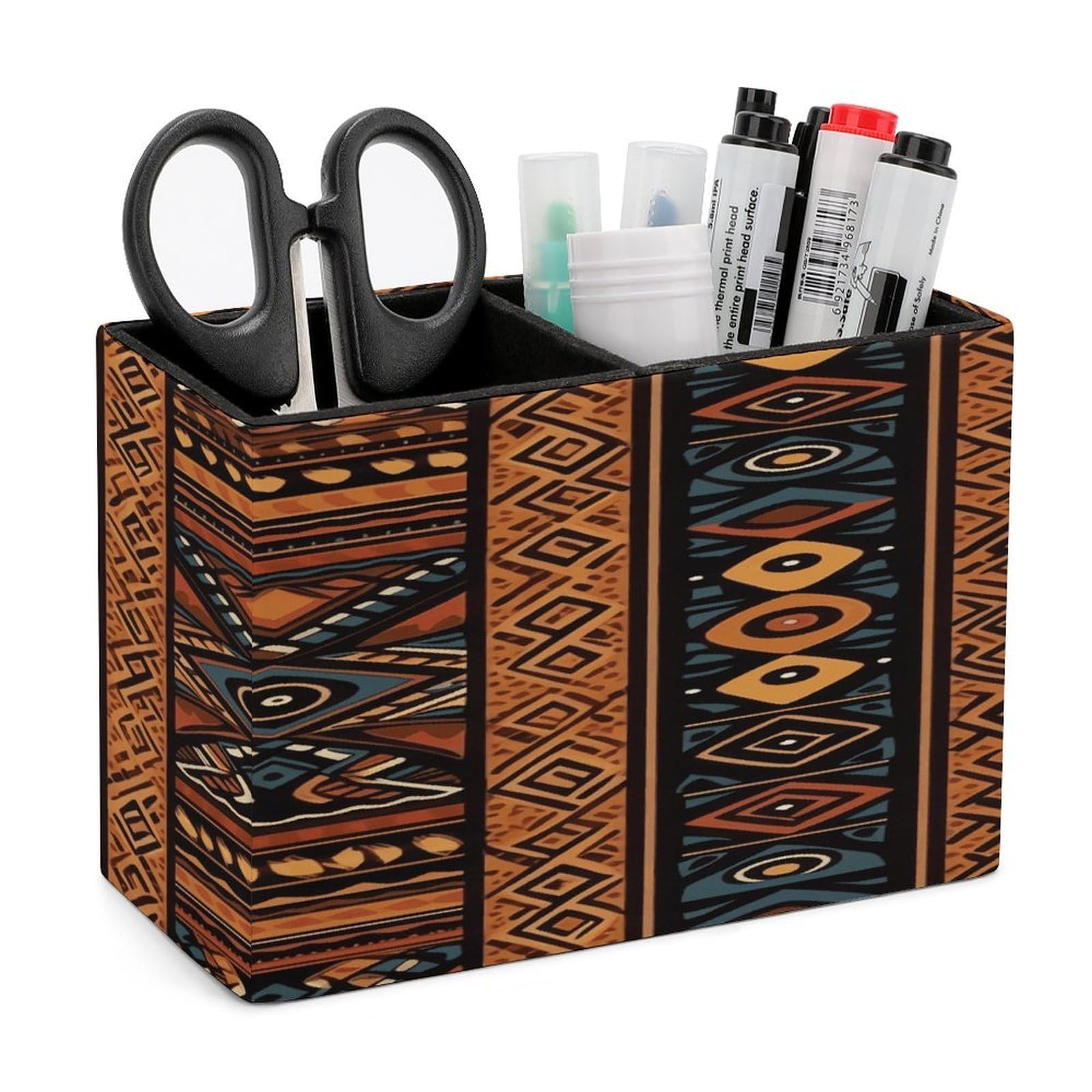 VstaDank Traditional African Design Pattern Pen Holder Double Compartments Pen Cup Fashion Makeup Brush Holders Leather Pencil Holder for Work Locker Accessories Modern Pencil Cup for Desk Organizer