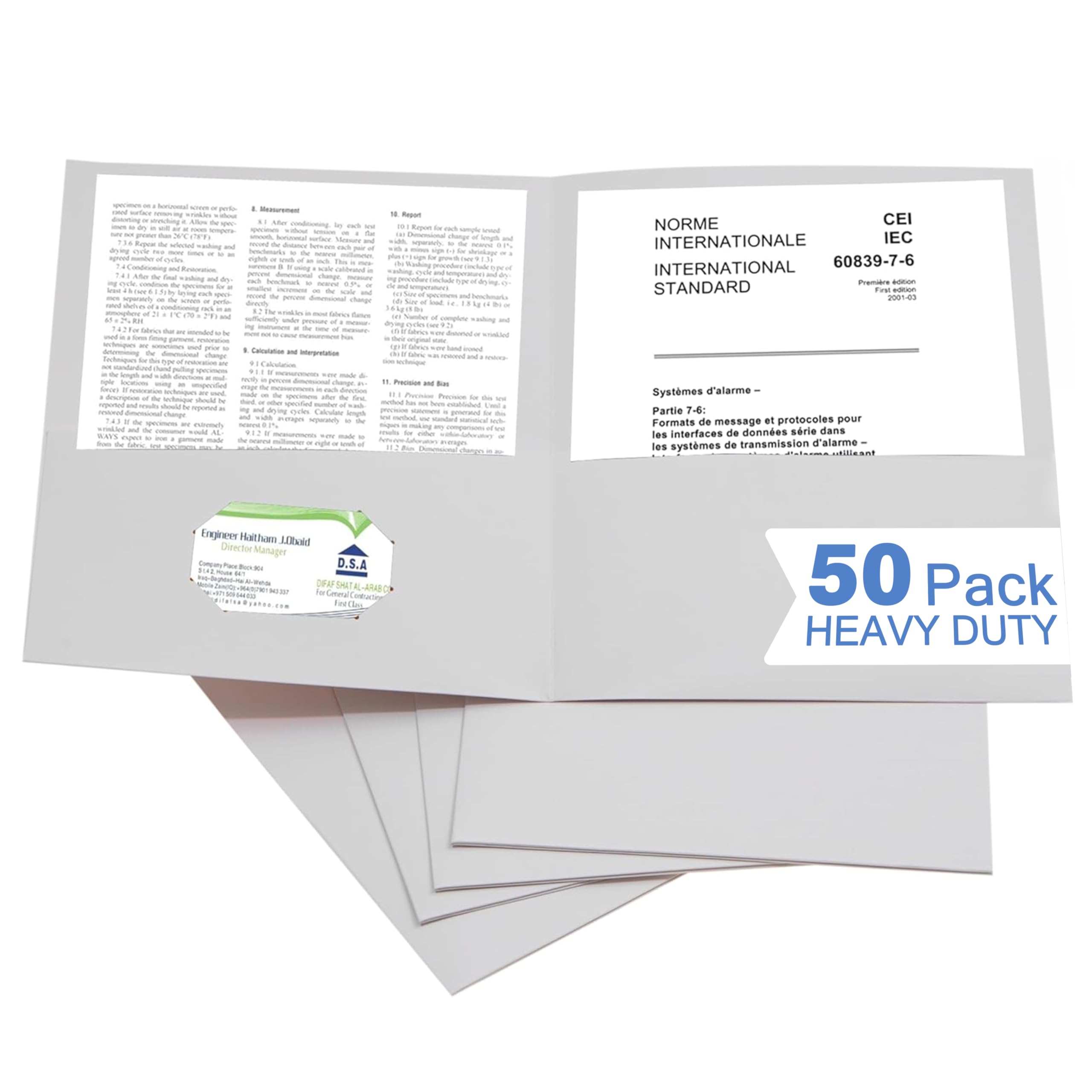 Zzrywuty 50 Packs White Two Pocket File Folders with Business Card Slot,Textured Paper,Letter Size,Holds 100 Sheets for School,Office,Business