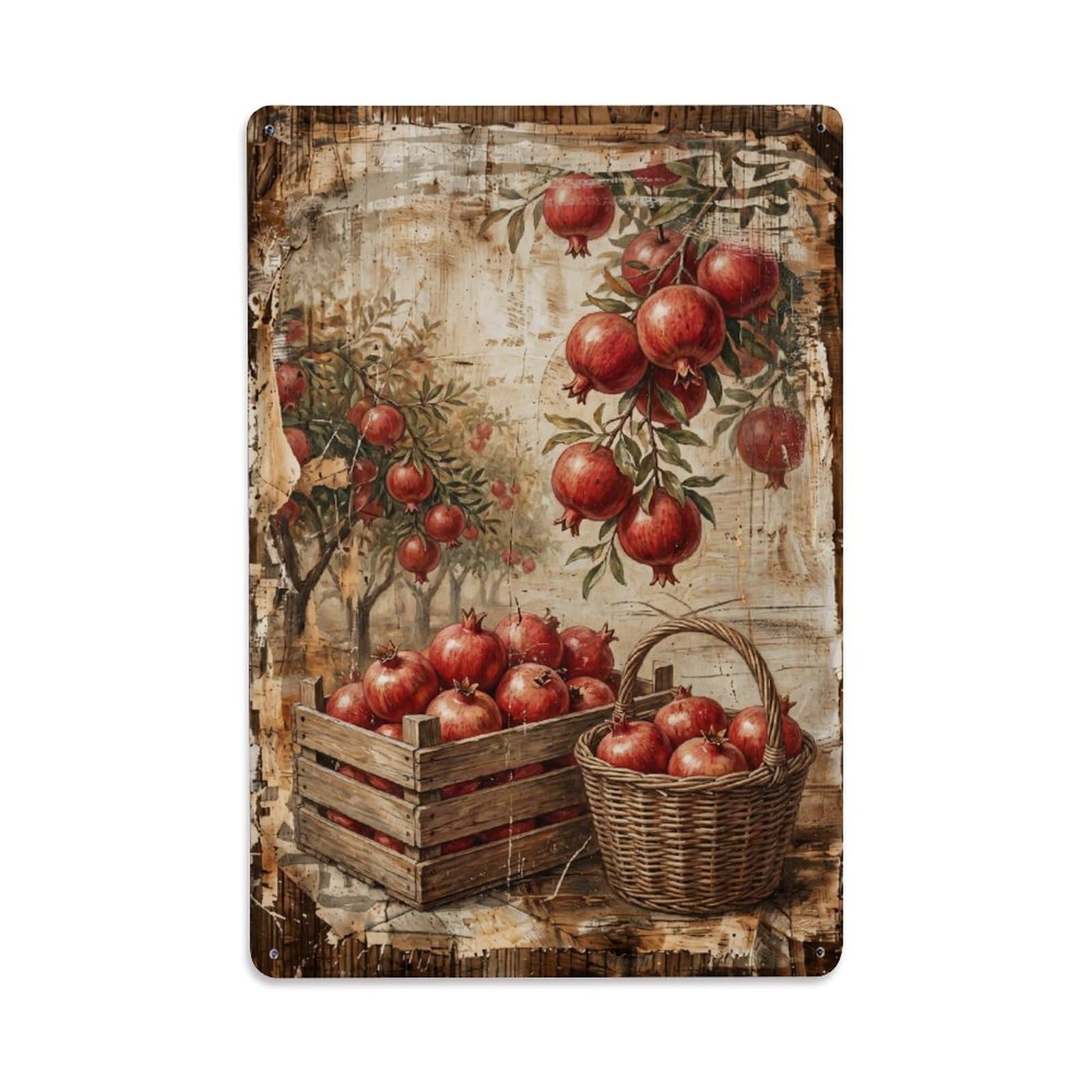 Pomegranate Orchard Harvest Red Fruit Countryside Tree Vintage Metal Tin Sign Plaque Wall Decor for Cafe, Club, Garden Metal Poster 8x12Inch