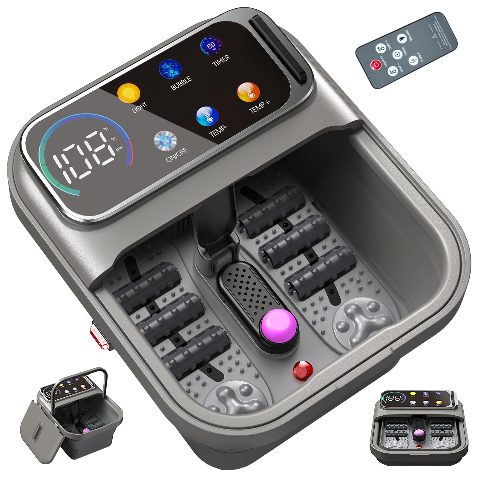 Omnqira Collapsible Foot Spa Bath with Heat and Bubbles, Portable Foot Soaker Tub with XL Touch Screen, Temp Control & Massage Rollers, At-Home