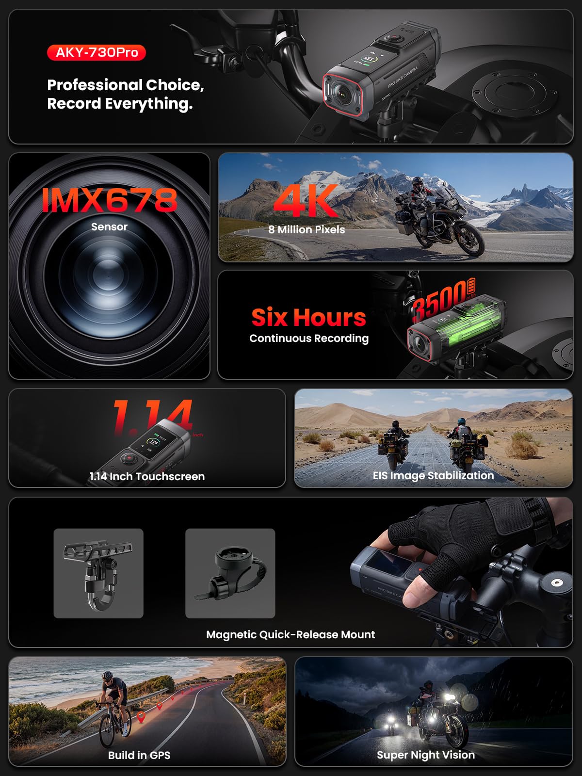 AKEEYO AKY-730Pro 4K Motorrad/Fahrrad Dashcam,60FPS Action-Kamera mit EIS-Stabilisierung,1,14" Touchscreen, integriertes GPS,IP66 wasserdicht, bis zu 6 Stunden Akkulaufzeit,Loop-Aufnahme, Parkmonitor