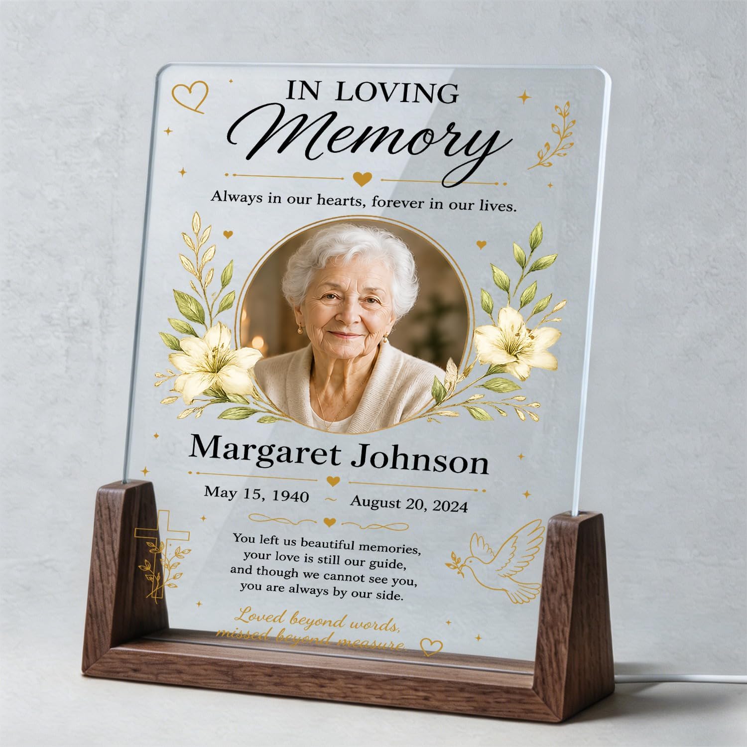 Personalized Memorial LED Light Sign Photo Plaque Walnut Base Sympathy Gift ((In Loving Memory) - Black Print)