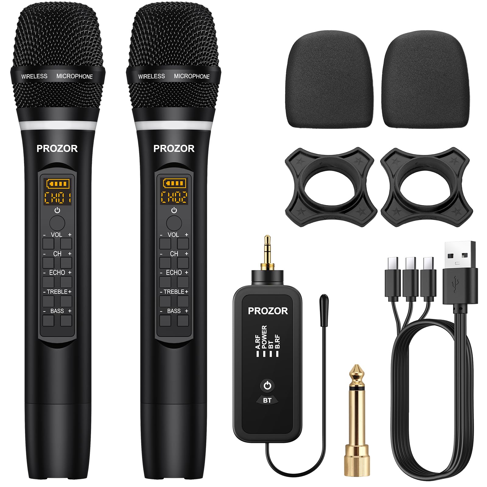PROZOR Microfono Wireless UHF con Volume Controllo Microfono Ricaricabile Senza Fili Sistema Microfonico Dinamico Portatile Doppio con Ricevitore Ricaricabile per Karaoke DJ Chiesa Matrimoni