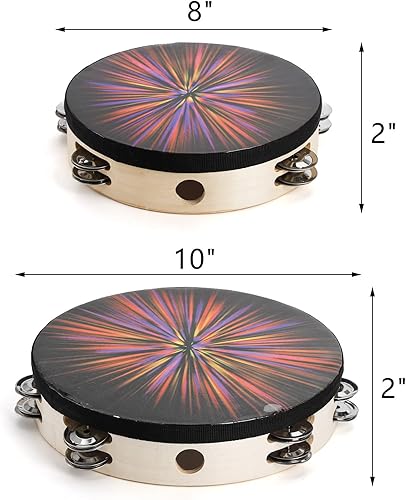 Miniatura 2 de ZEAYEA Paquete de 2 panderetas radiantes, pandereta de doble fila de 8 pulgadas y 10 pulgadas para niños y adultos, iglesia, tambores de mano de