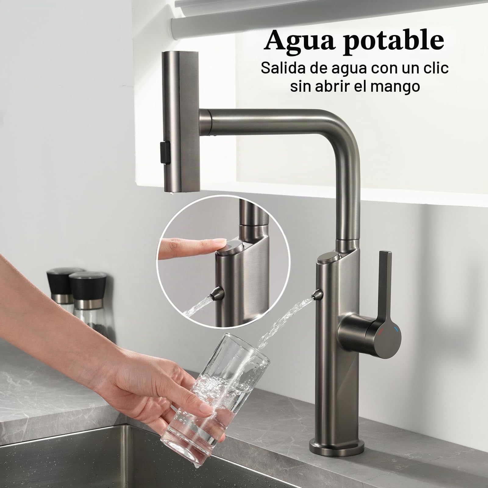 Grifo de Cocina 3 Vías con Ducha Extraíble, Grifo de Agua Potable para Sistemas di Ósmosis o Filtro de Agua, Monomando 4 Modos Grifo de Fregadero de Cocina con Dos Salidas (Negro)
