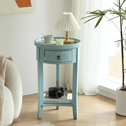 Miniatura 5 de Mesita de noche redonda con cajón, mesita de noche azul vintage con estante, mesa auxiliar pequeña rústica con almacenamiento para dormitorio, sala