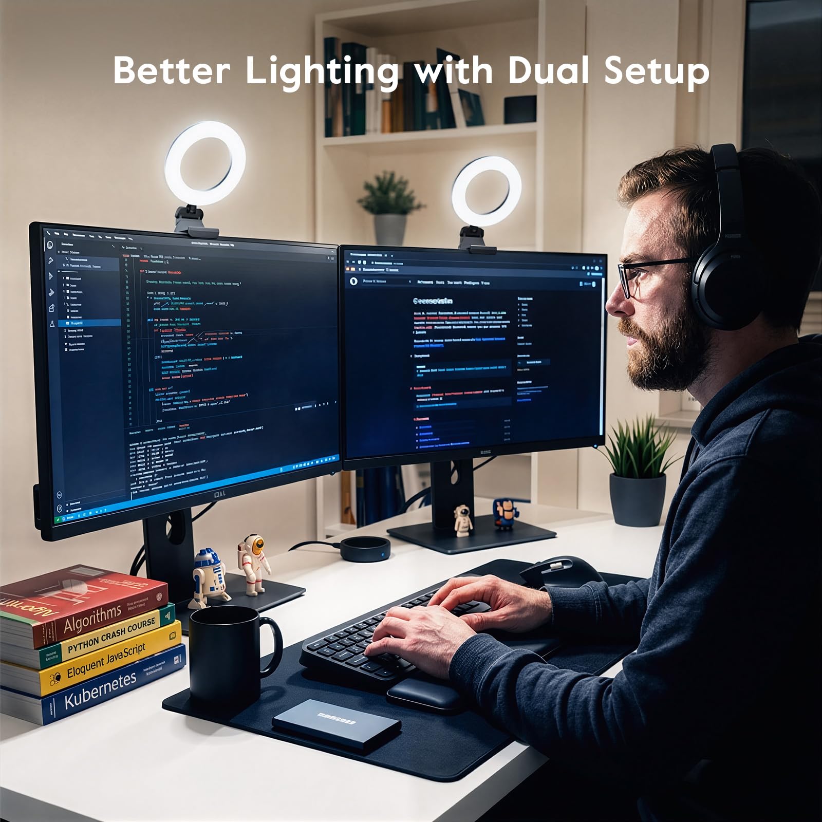 Evershop Luce ad anello per laptop, PC, videoconferenza, 2 pezzi, anello Light da 5", tavolo con treppiede e supporto per cellulare, 3 colori di luce, 10 livelli di luminosità, girevole a 360°