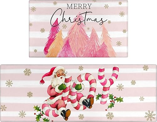 Xsinufn Juego de 2 alfombras y tapetes de cocina de Feliz Navidad, árboles de Navidad rosados, Papá Noel, Navidad, invierno, vacaciones, tapete