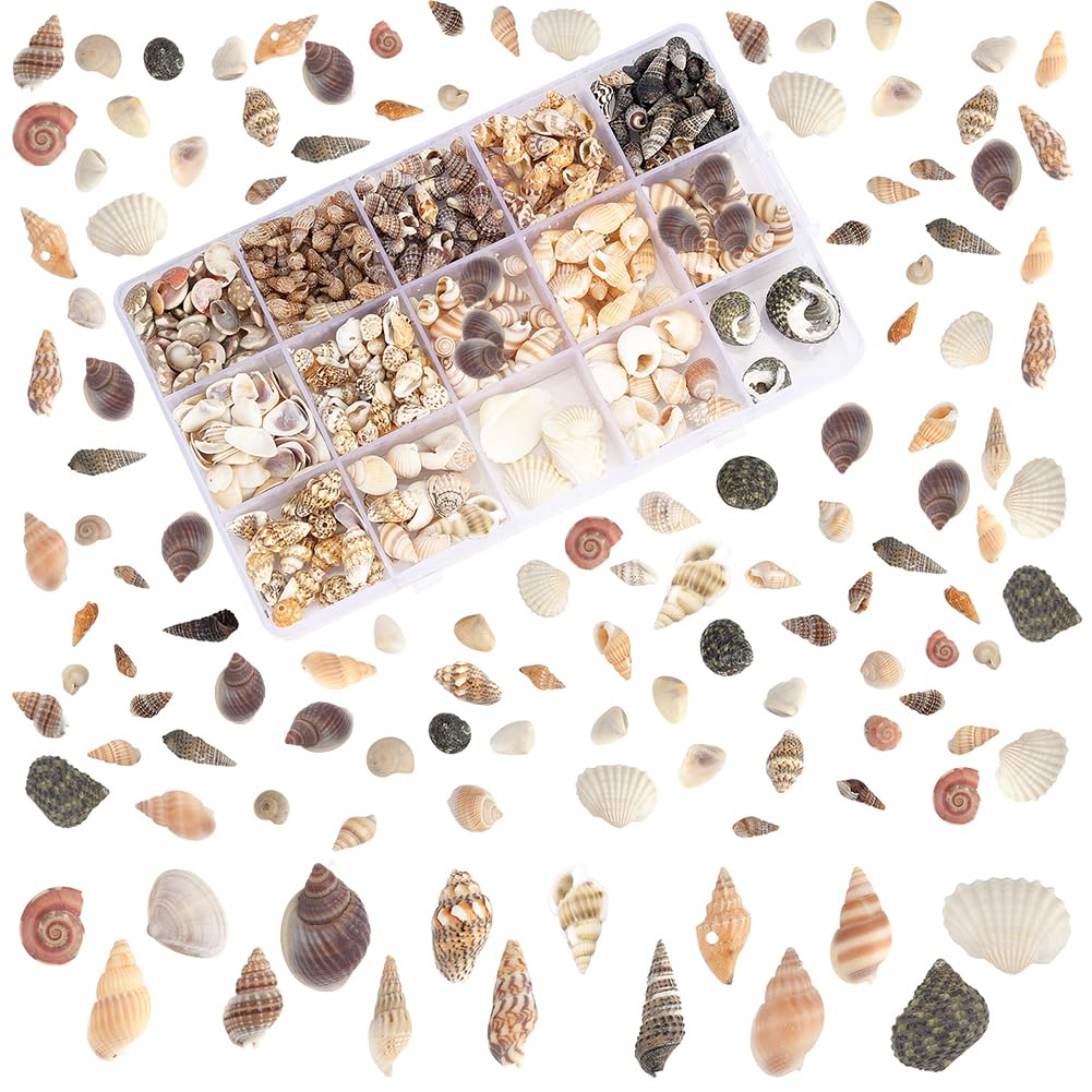 PH PandaHallSea Shells, 466pcs 15 Style Spiral Shell Beads Undrilled Tiny Natural Sea Shell Ocean Spiral Seashells Miniature Shells for Resin Candle Party Wedding Decor Fish Tank Vase Filler, No Hole