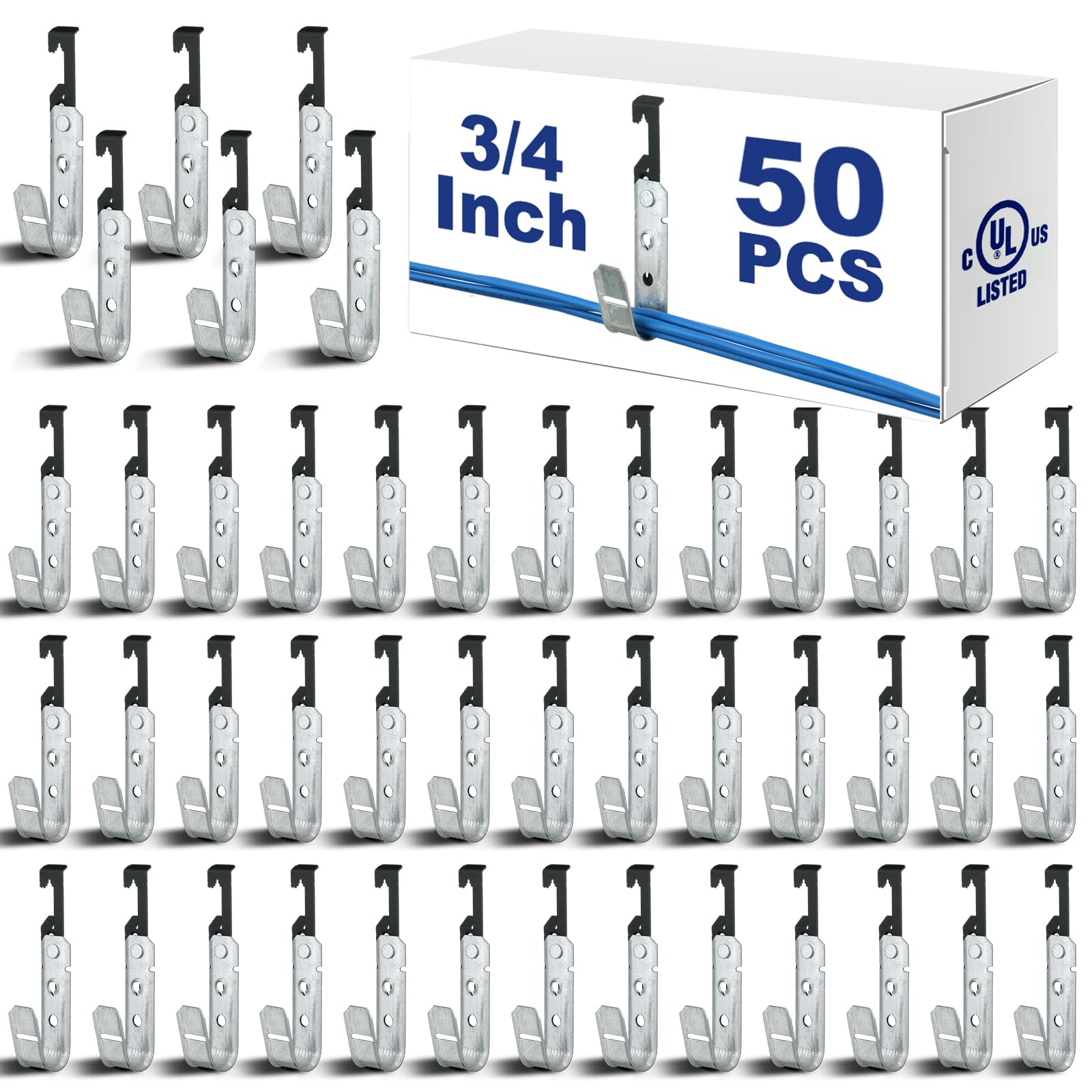 Zonon 50 Pcs 3/4 Inch Galvanized Steel J Hook with Bat Wing Heavy Duty Cable Support Straps Hangers for Hanging Cable Management to Ceiling Grid Wire & Threaded Rod, Ul Certification
