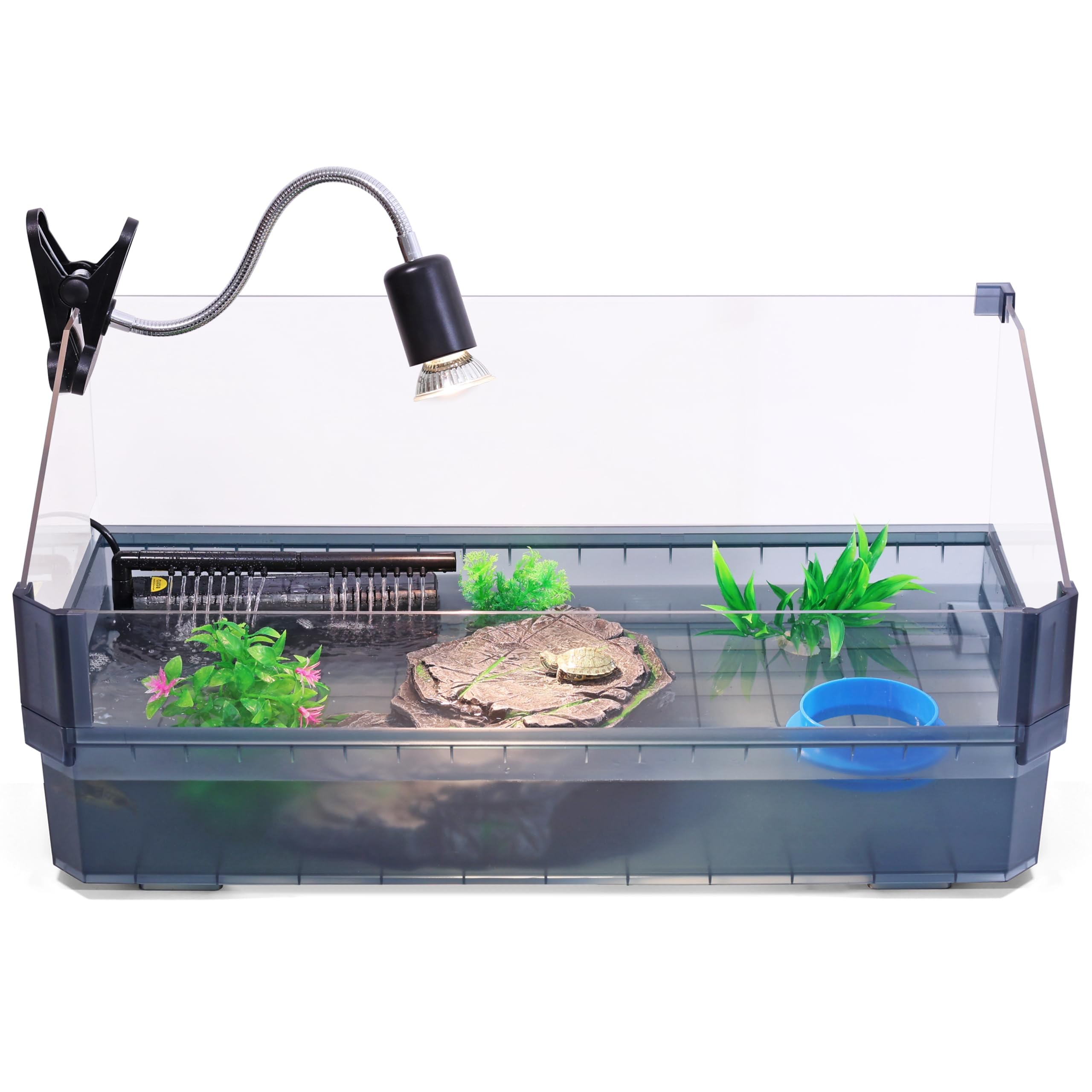 Photo 1 of Large Turtle Tank Kit for Aquatic Turtles – Complete Starter Habitat with Filter, UVB Lamp, Basking Platform, Plants, Feeding Ring – Turtle Aquarium Kit (Black)