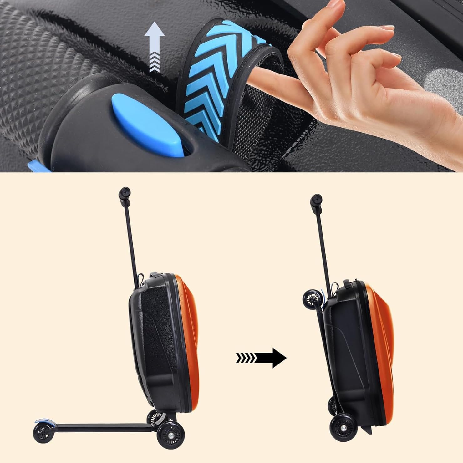 Ride On Luggage Scooter – 2 w 1 składana walizka transportowa dla dzieci w wieku 4-15 lat, wielofunkcyjna podróżna walizka na kółkach, pomarańczowy, M