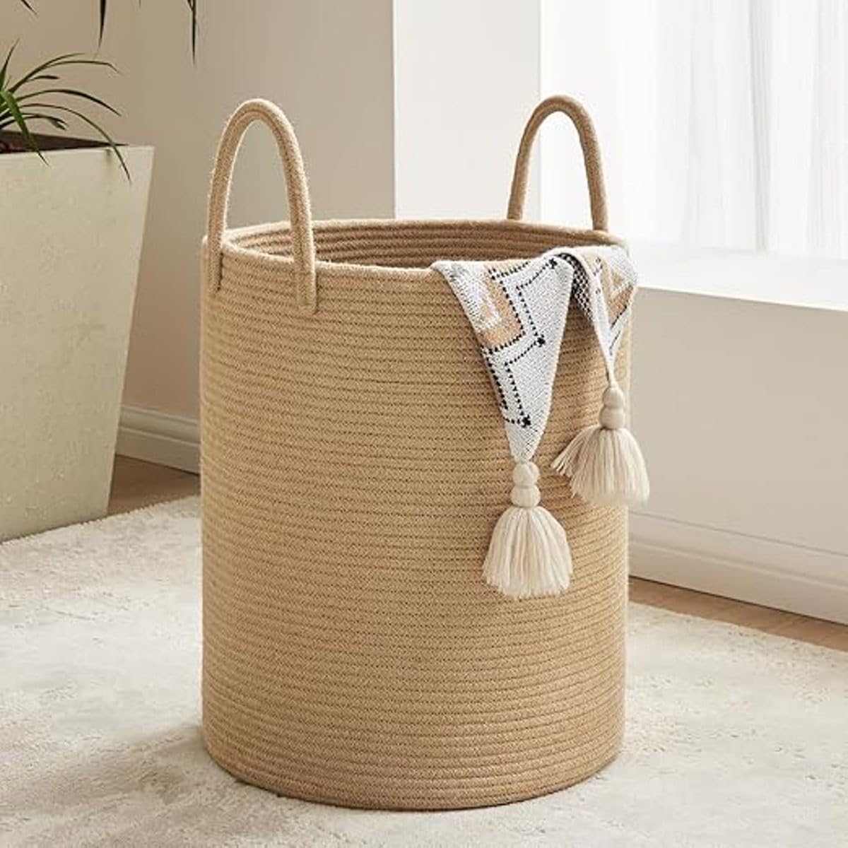 GRATIFY Mansa Traders Jute&Cotton Rope Laundry Hamper Basket, 58L Tall Woven Laundry Basket For Blanket Organizer-Large-Brown