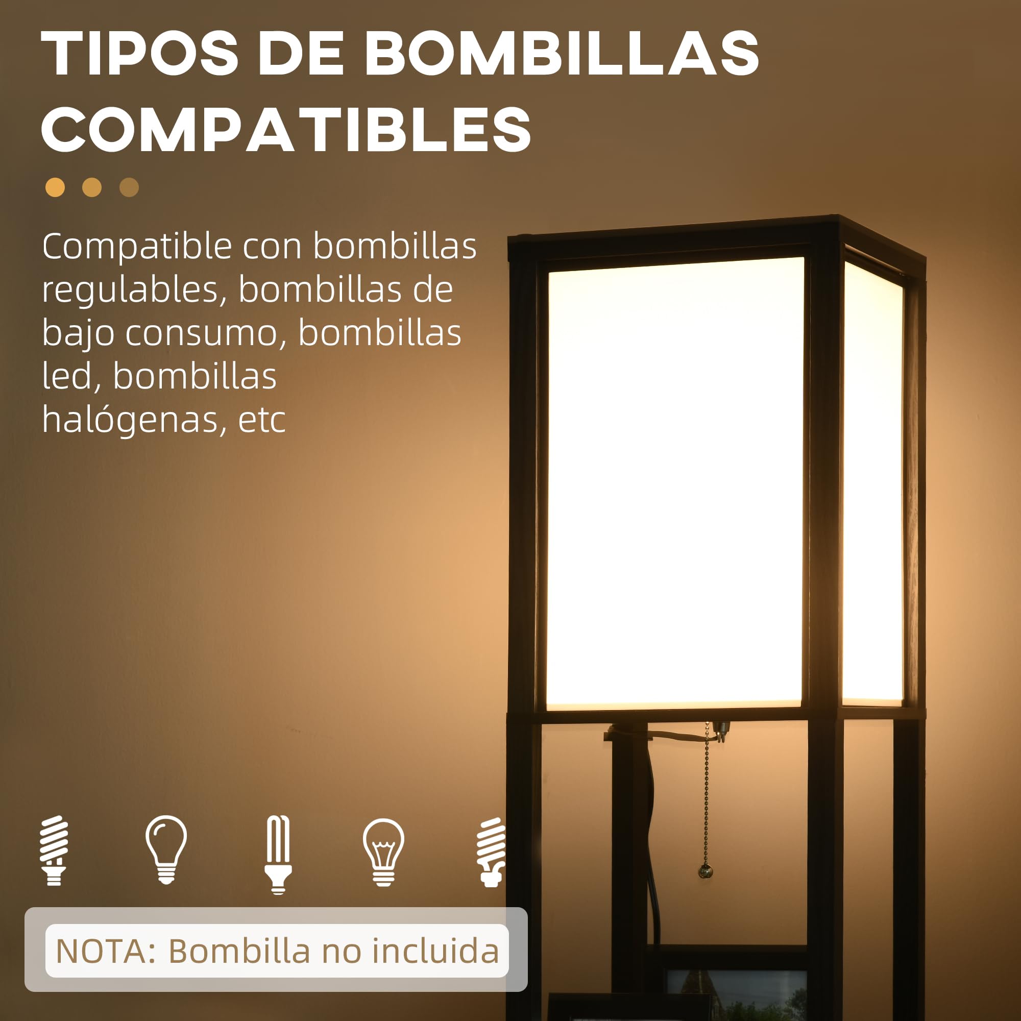HOMCOM Lámpara de Pie de Madera con Estante de Almacenaje para Bombilla E27 Potencia Máx. 40W Lámpara Moderna para Salón Dormitorio 26x26x156 cm Negro y Blanco