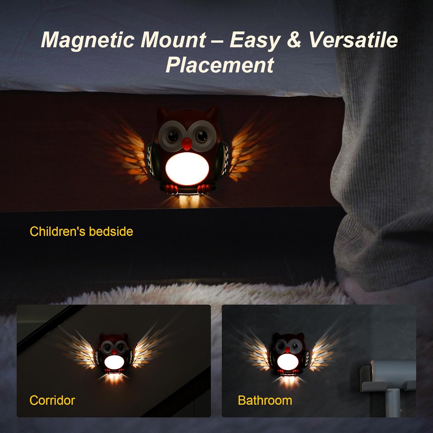 3D Owl Night Light for Kids - Motion Sensor LED Night Lamp with Magnetic Mount, 3 Modes (Steady/Motion-Activated/Fade), Rechargeable Type-C, Child-Safe Nursery Wall Light for Bedroom, Hallway (Red)