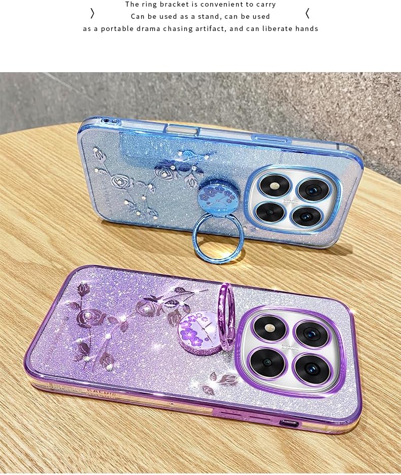 for Xiaomi Redmi Note 14 Pro Case for Women Girls, Luxury Plating Bling Glitter Sparkle Flowers Shockproof Case with Ring Stand for Xiaomi Redmi Note 14 Pro.Flowers Pink - Image 7