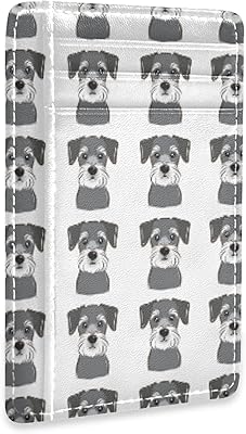 Grey Miniature Schnauzer Dog Face Head Seamless on White Slim Minimalist Wallet, Front Pocket RFID Blocking Leather Credit Card Holder, Case Protector Covers for Men Women