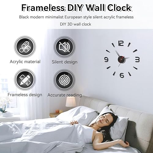 Miniatura 4 de Reloj de pared 3D DIY, reloj de pared sin marco, moderno espejo 3D, decoración de pared de sala de estar, estilo europeo, reloj de pared negro