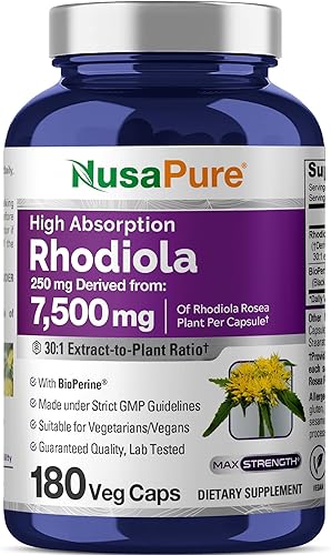 NusaPure Rhodiola Rosea 7,500 mg 180 cápsulas vegetales (sin OMG, extracto 30:1, vegetariano/vegano y sin gluten) con bioperina