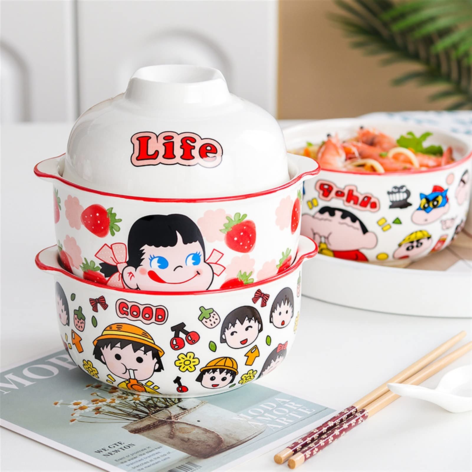 Suppenschüsseln Kawaii Strawberry Ramenschüssel mit Deckel Keramik Niedliche Cartoon Küche Geschirr Große Früchte Instant Nudeln Salat Reis Suppenschüssel Salatschüssel (Color : Pink A)