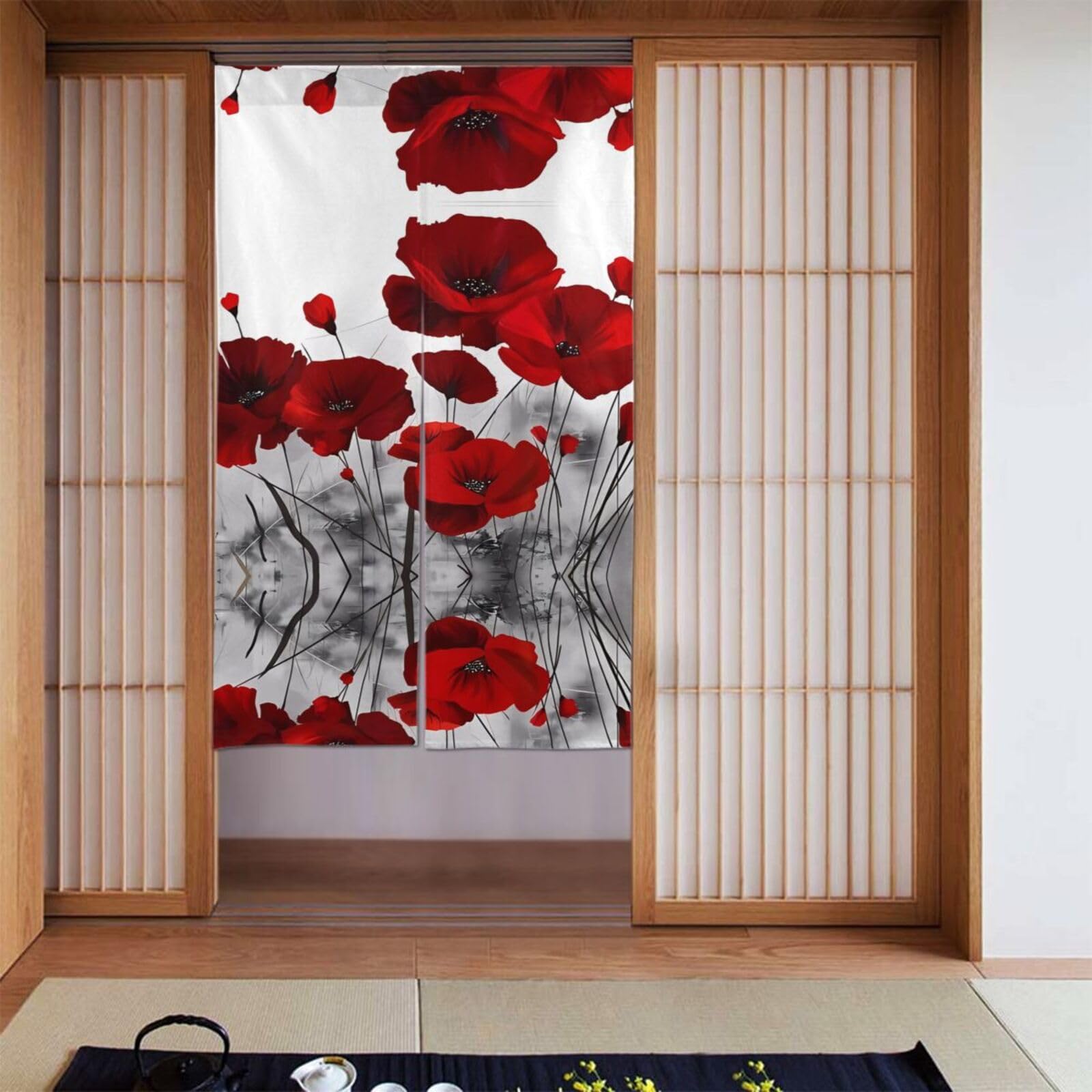 Cortinas opacas para oscurecer habitación con estampado floral de amapola roja
