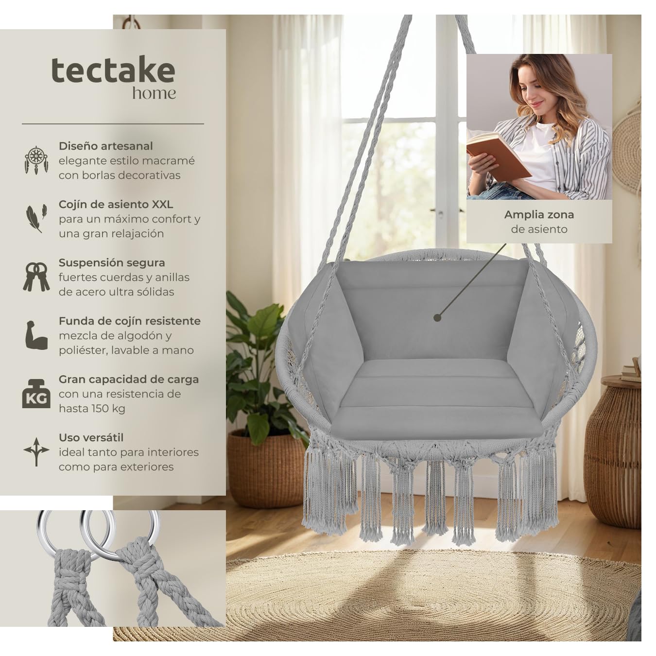 tectake® Columpio Jardín Exterior, Silla Colgante con Cojín Grande y Mullido, Sillón Balancín con Estructura Estable de Acero, Hamaca Colgante para Interior y Exterior, Trenzado en Algodón - Gris