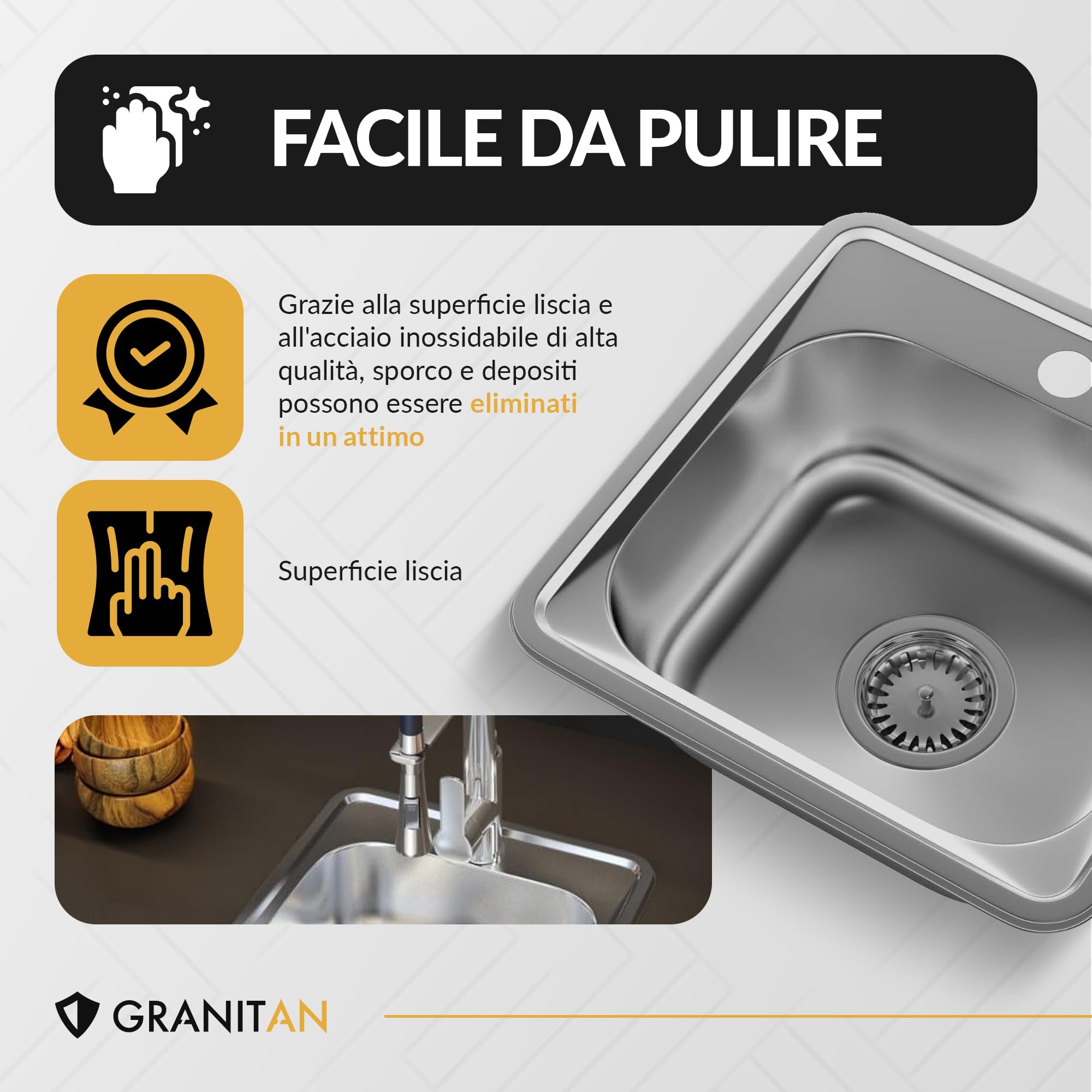 GRANITAN Lavello acciaio con sifone 38 x 38 cm - Lavandino da Incasso in Acciaio - Lavello in Acciaio Inox con Foro per Rubinetto per Lavabo - Diametro 92 mm - Lavabo per Cucina - Raso 38