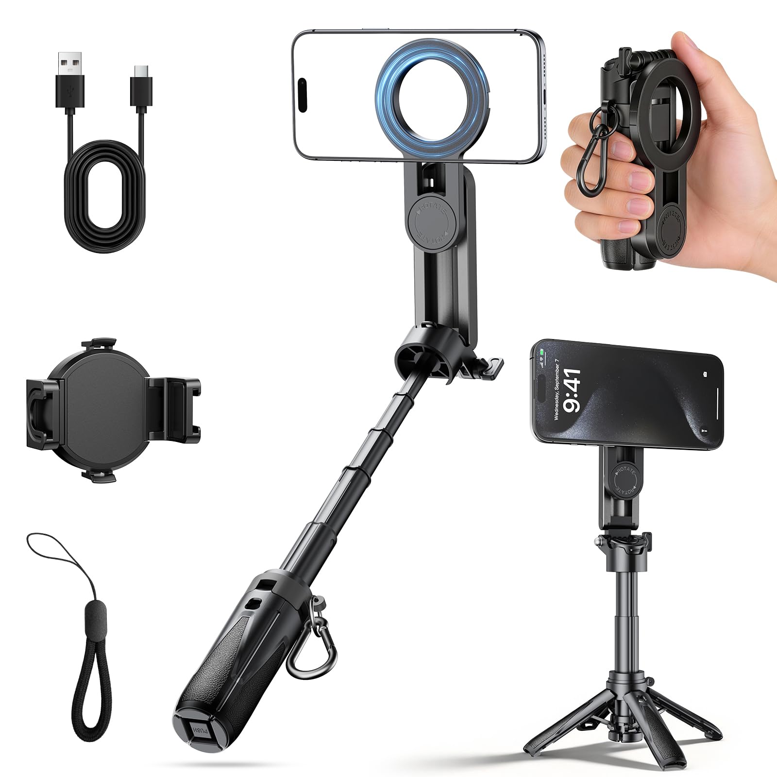 Treppiede magnetico mini 4-in-1 per smartphone, bastone selfie con telecomando Bluetooth rimovibile, zoom regolabile, slitta fredda, per iPhone e Android – pieghevole, ideale per vlog/fotografia