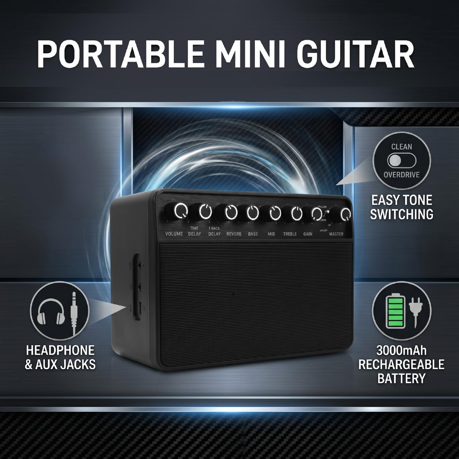 Pongnas Amplificatore per Chitarra Wireless Bluetooth, Mini Amplificatore Portatile con Batteria Ricaricabile USB C, Ingresso AUX, Jack per Cuffie per Prove Silenziose