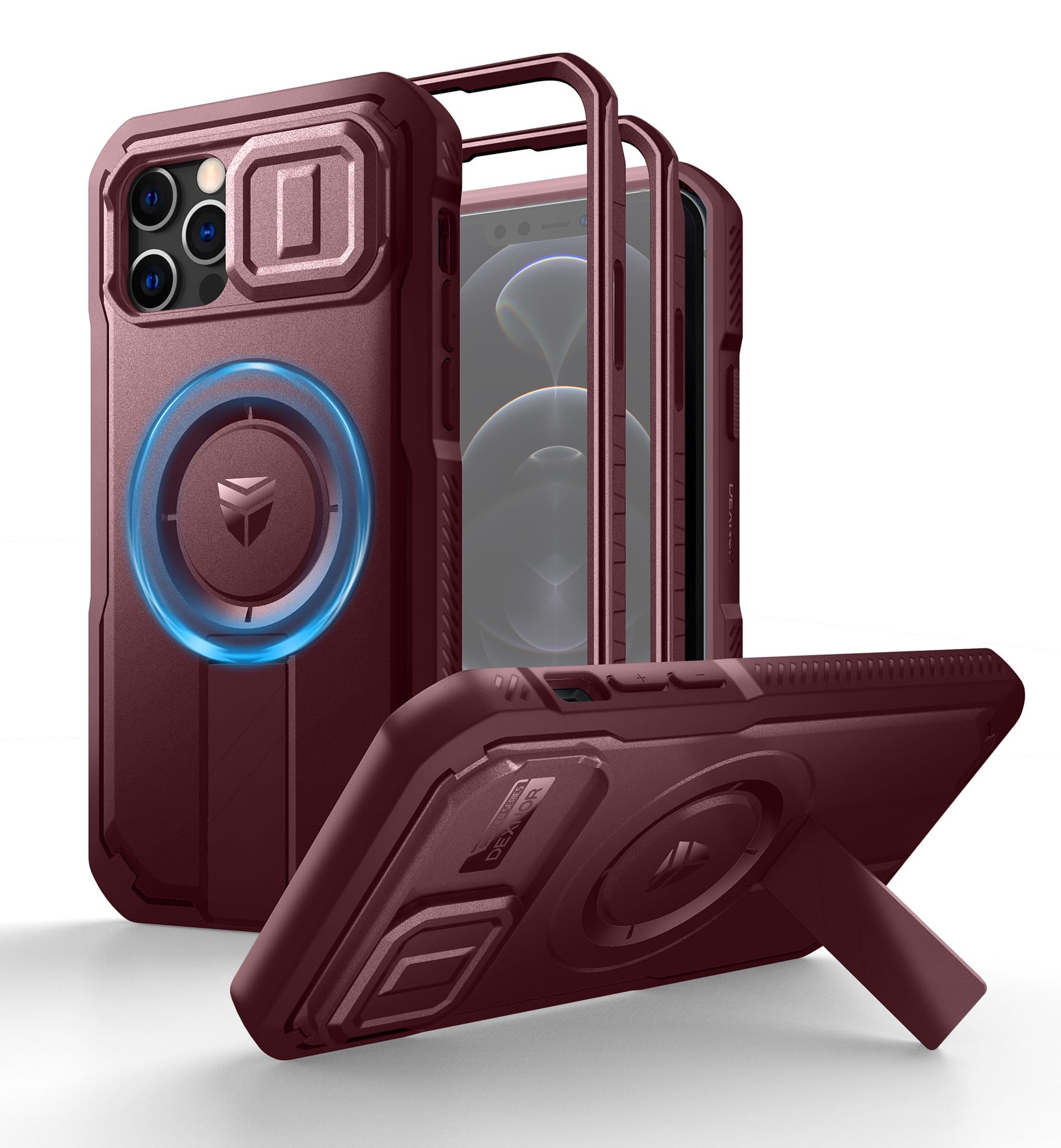 Dexnor for iPhone 12 & iPhone 12 Pro Case with Slide Camera Cover&Adjustable Kickstand&Built-in Screen Protector,Magsafe Rugged Shockproof Bumper Cases Heavy-Duty Protective Cover,Maroon Red