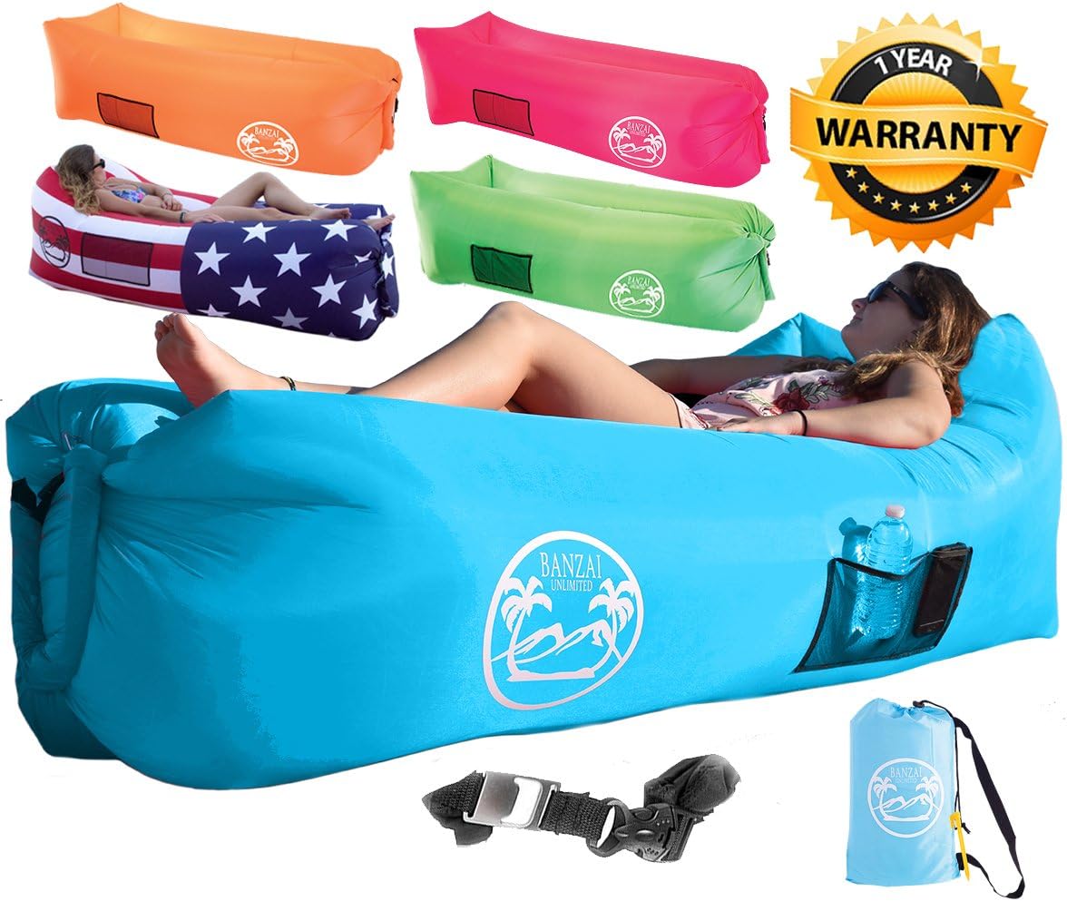 Banzai Unlimited Inflatable Lounger Air Sofa Couch Hammock with Bottle Opener 4 Pockets Headrest Securing Stake & Travel Bag. Blowup LayBag for Beach Camping Pool Float Indoors Outdoors