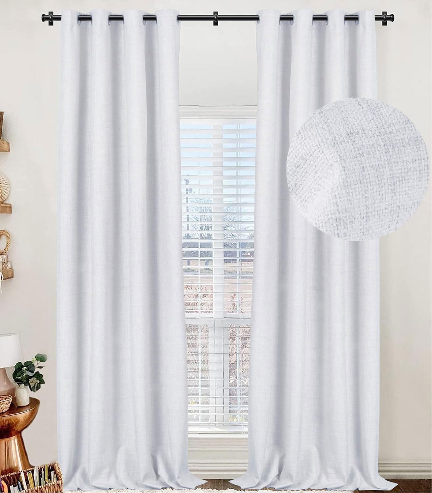 100% Blackout Curtains 84 Inches Long,Linen Blackout Curtains 84 Inch Length 2 Panels Set,Thermal Insulated Full Light Blackout Curtains for Bedroom/Living Room,50" W x 84" L 2 Panels,Ice Cube White