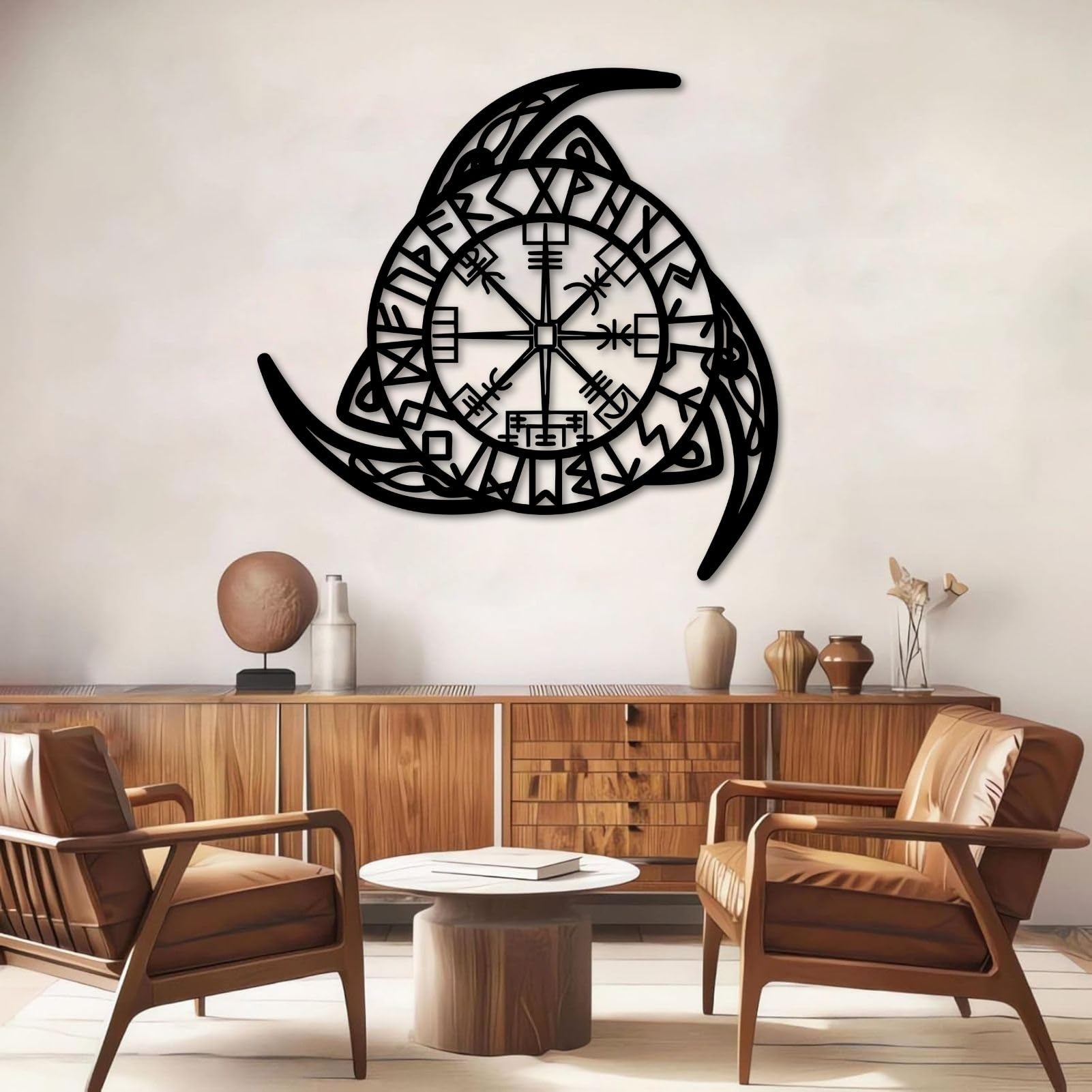 Schwarzer Kompass aus Metall, Wikinger-Wegweiser aus Metall, Wanddekoration für Wohnzimmer, Schlafzimmer, Flur und Treppenhaus, Natur-Wohndeko (Schwarz, 48 cm)