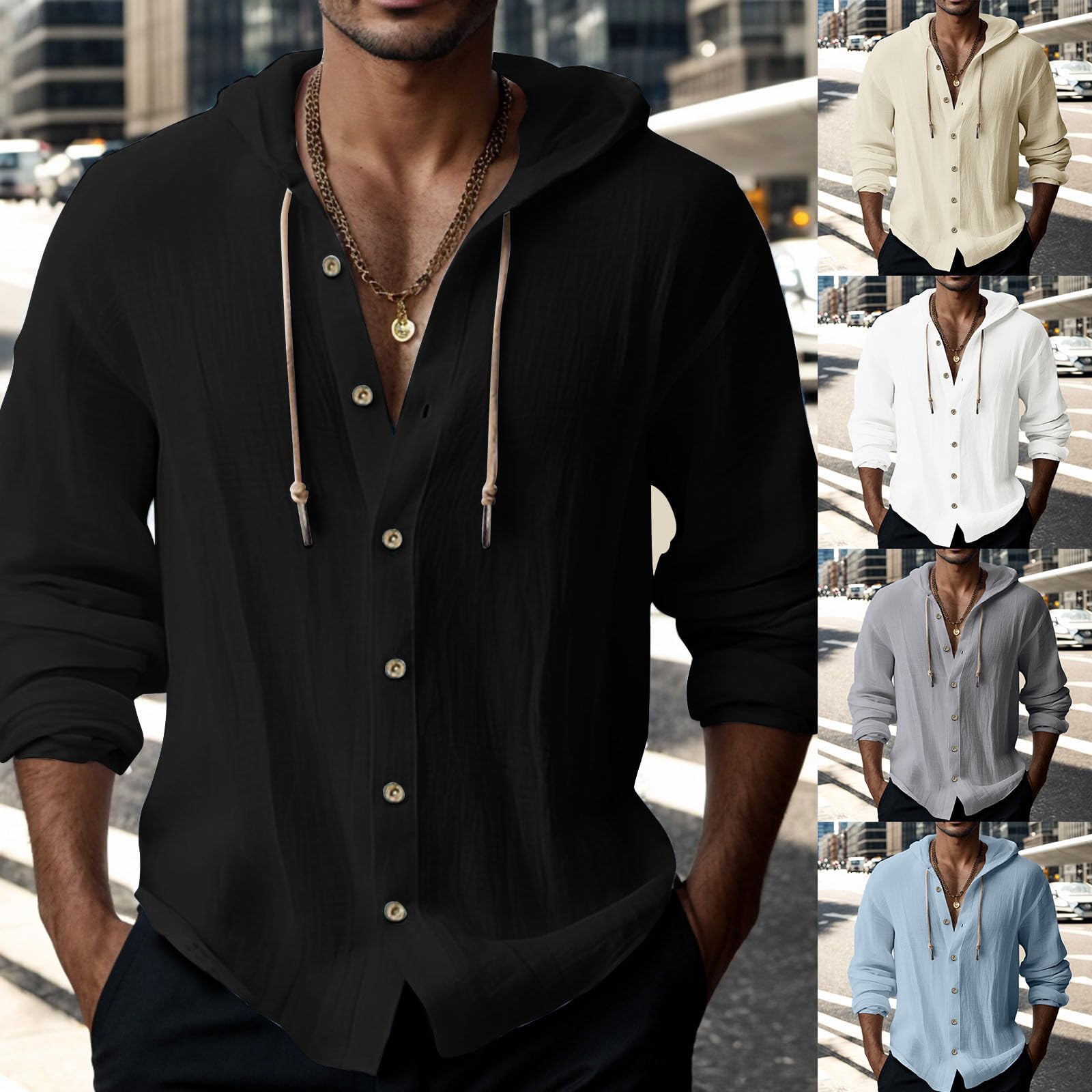 Kapuzenpullover Herren Baumwolle Hemdjacke Dünner Sweatshirt mit Knopf Herbst Hemden Tops Hoodie Mit Kapuze Einfarbig Leichte Hoody Oberteile Bequeme Langarm Henley Shirt Kapuzenhemd