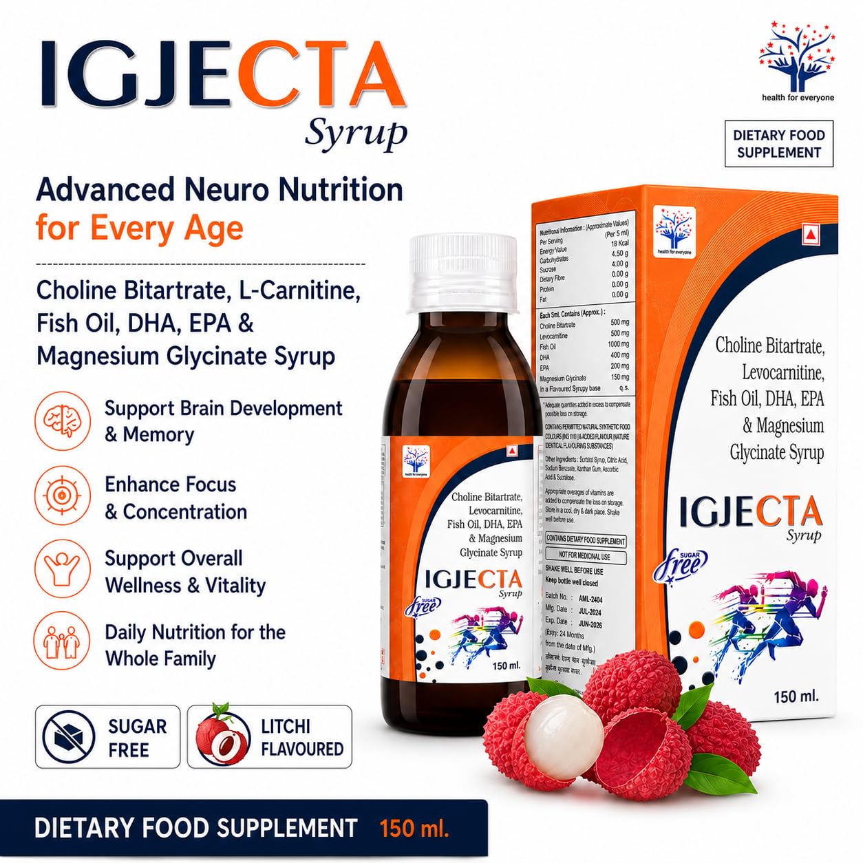 Syrup | Choline Bitartrate, L-Carnitine, Fish Oil, DHA EPA & Magnesium Glycinate Syrup for Kids, Men & Women | Sugar Free Litchi Flavour Neuro Nutrition Syp | Brain, Memory & Focus Support | 150 ml — Amazon image 3