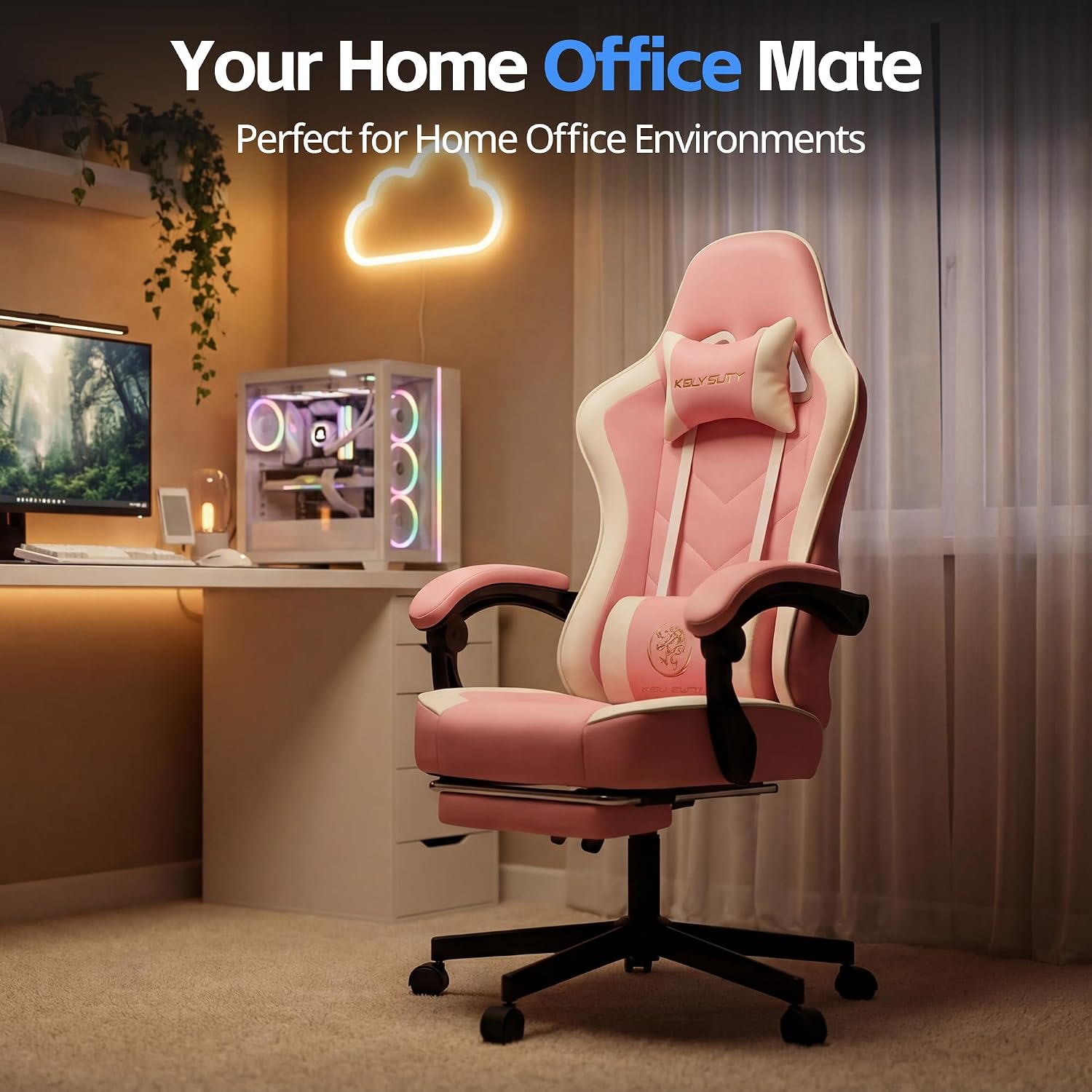 Desk Computer Gaming Chair - High Back Ergonomic Office Chair with Footrest and Lumbar Support, Swivel Comfy Home Gamer Video Game Chairs with Pocket Spring Cushion for Adults (Pink Leather) - 4