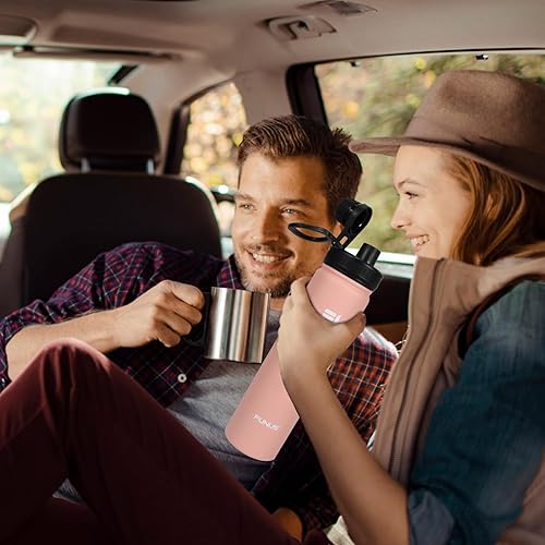 Miniatura 7 de FUNUS Botella de agua aislada de 24 onzas (2 tapas) de acero inoxidable al vacío con asa, tapa superior abatible y cuerda de paracaídas, sin BPA,