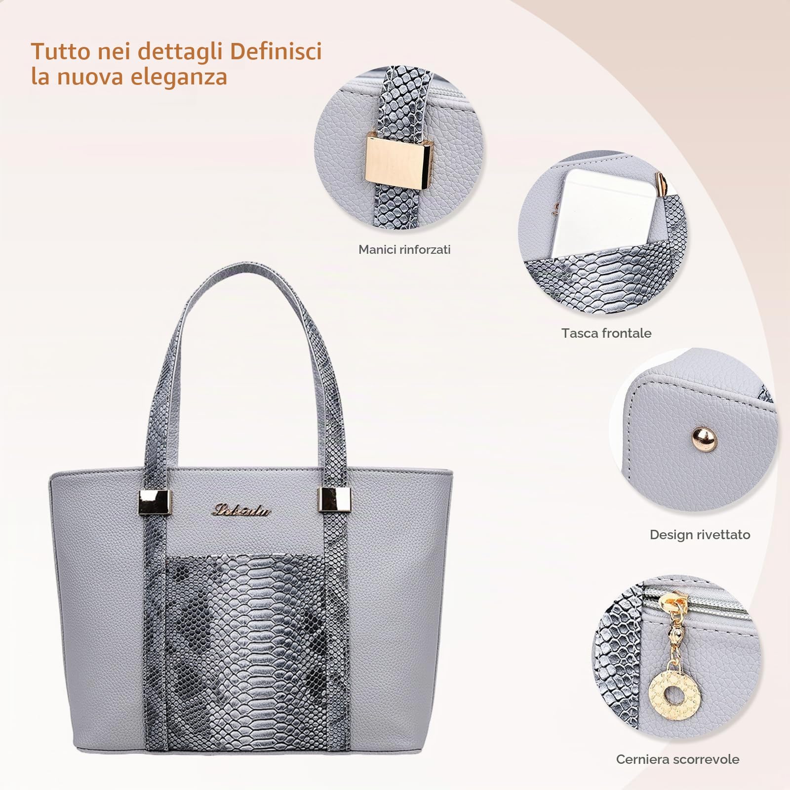 NICOLE & DORIS borsa per donna Borsette Donna 6 pezzi Borse Tracolla Portafogli borse a tracolla Grigio