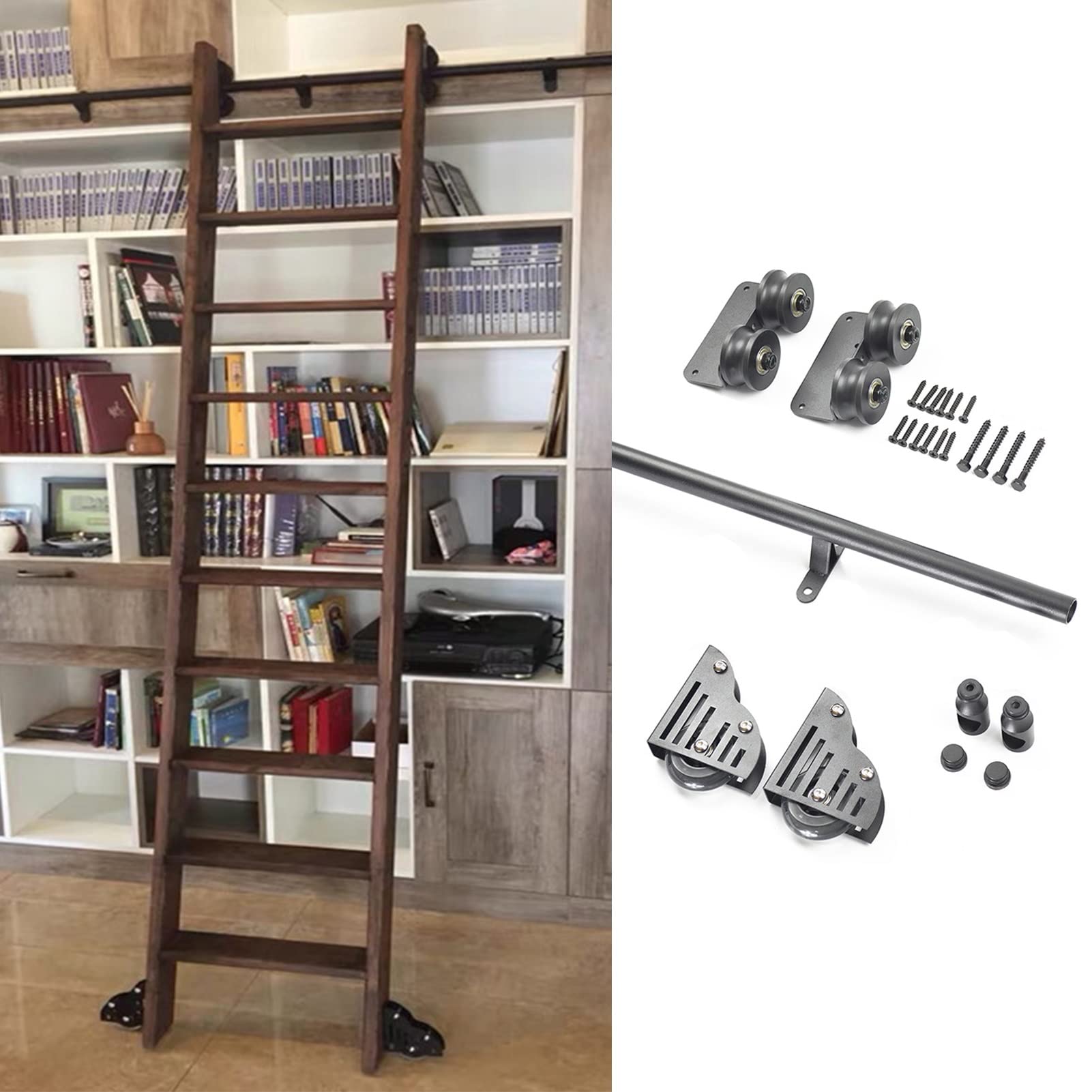 Kit de quincaillerie pour échelle de bibliothèque avec rail de porte coulissante