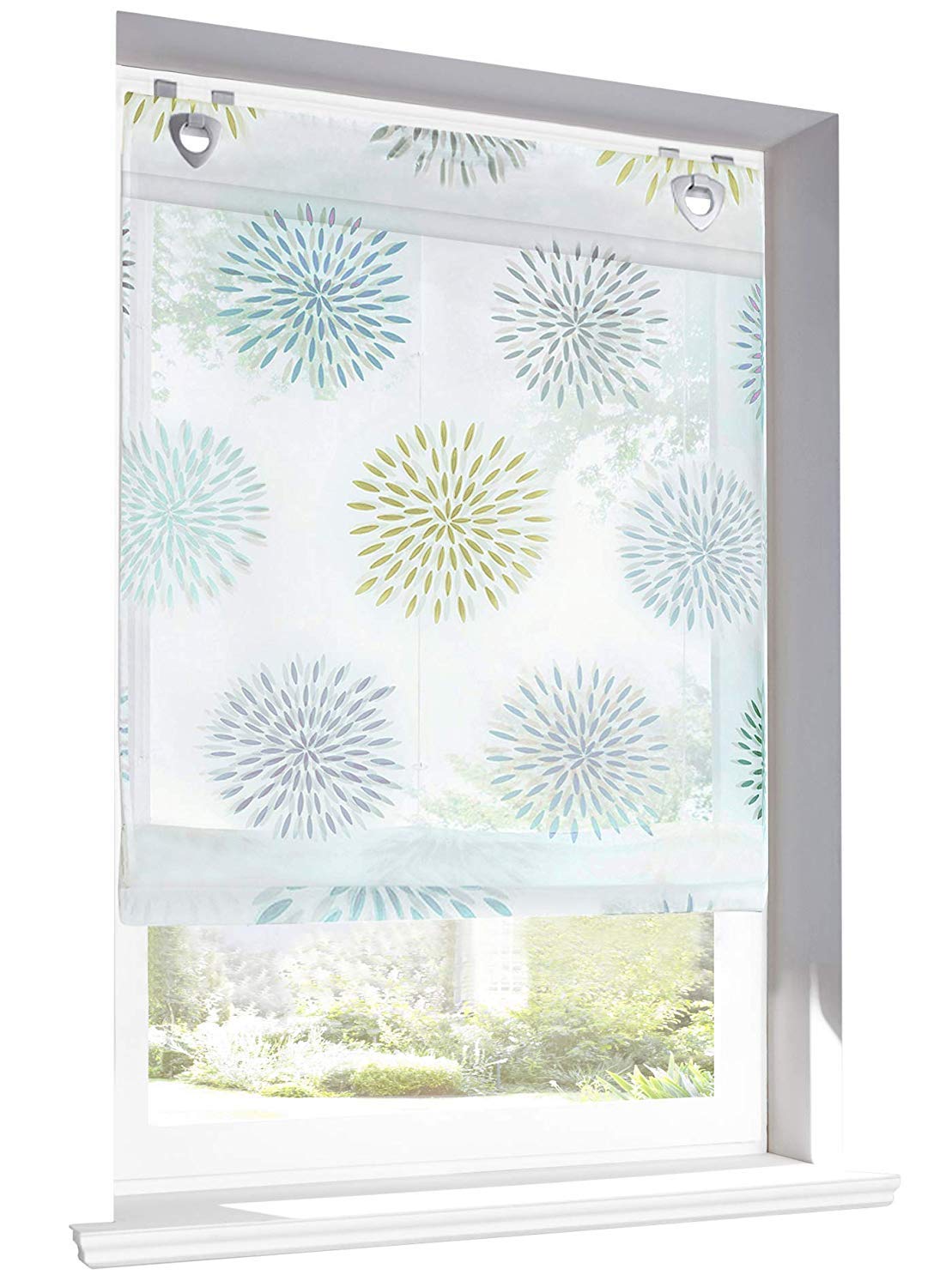 Raffrollo Mit Blumen-Motiv - Transparent Voile Vorhang 80x140cm Blau