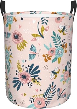 Laundry Basket,Colorful Insects and Flowers Bathroom Organizer Basket Waterproof Foldable Cloth Hamper with Lining for Home Storage