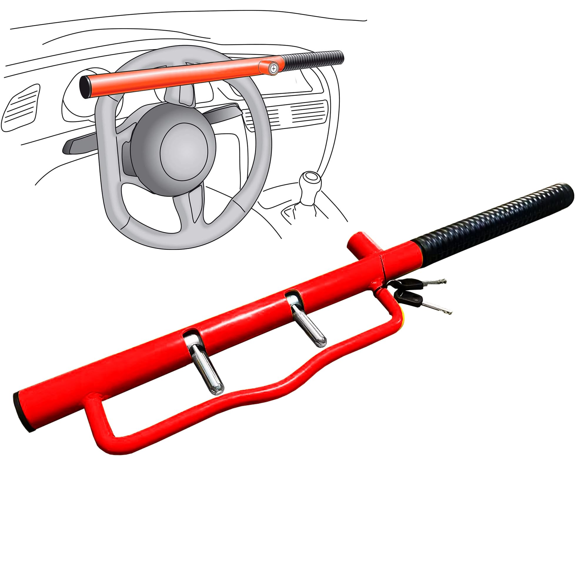 Car Steering Wheel Lock - Universal Anti-Theft Security Device Adjustable Length SUV Van Wheel Lock Vehicle Protection Suitable for Car Security Device with Two Keys (Red & Black)