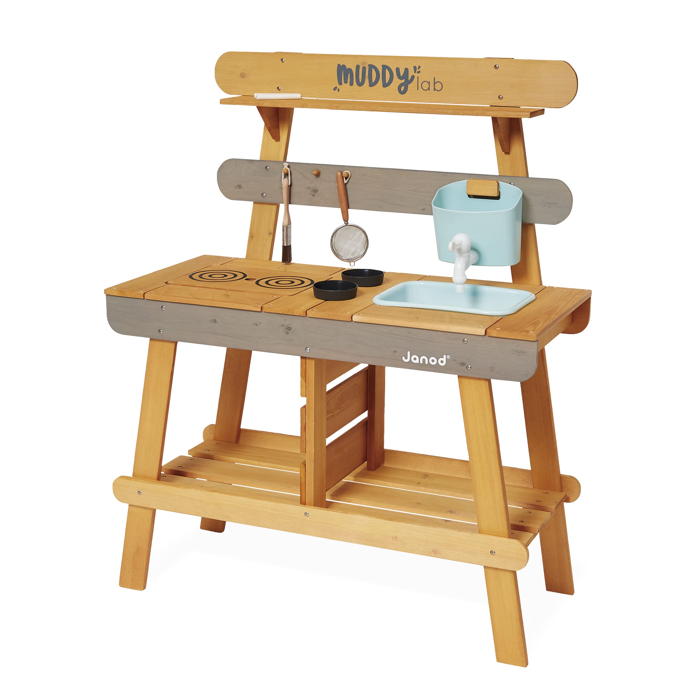 Janod - Muddy Lab - Kinderküche für draußen aus FSC-Holz - 10 Utensilien - Rollenspielzeug - Outdoor-Kinderspiel - Ab 3 Jahre, J06632