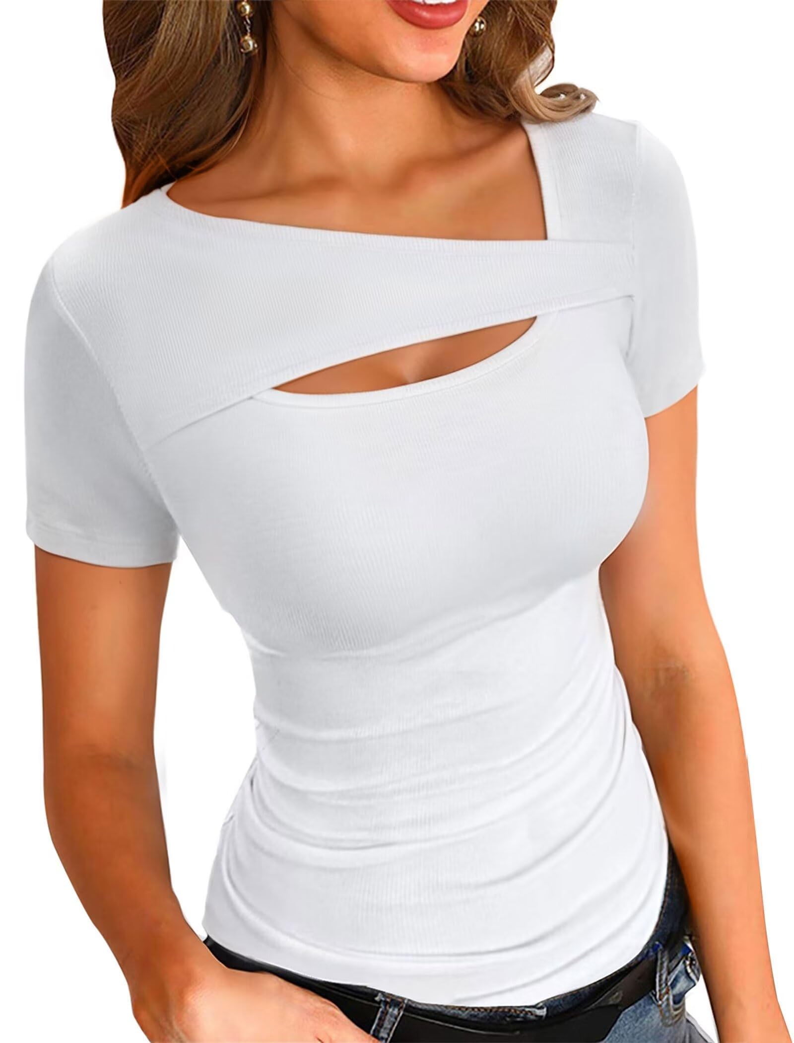 VICHYIE Womens Fashion Fall Clothes One Piece Cutout Tops Long Sleeve Ribbed Slim Fitted Shirts Tee Tshirts Short Sleeve Large Short-white