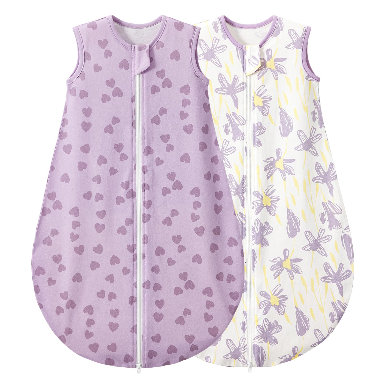 Duomiaomiao 2er Pack Baby Schlafsack,0.5 Tog Ganzjahres Jungen Schlafsack, Leichter hochwertiger Baumwoll-Mädchen Schlafsack, geeignet für Kinder im Alter Von 6 Monaten bis 5 Jahren(lila Herz/S)