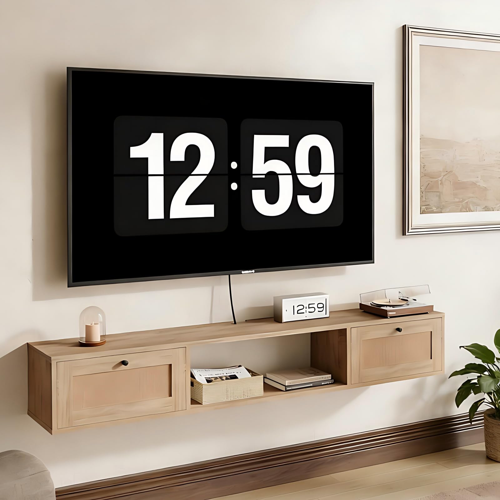 Mueble de TV Flotante 145 cm, Mueble TV Suspendido para Televisores de hasta 65 Pulgadas, Mesa para TV con Puertas de Ratán y Espacio Abierto de Almacenamiento para Salón, Roble Claro
